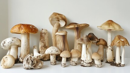 An assortment of mushrooms displayed in different sizes and shapes