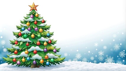 Christmas tree background with ornaments snowy winter background for festive celebrations.