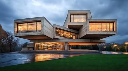 Modern Architecture Building with Geometric Design  Illuminated Windows  and a Reflection in the Wet Pavement