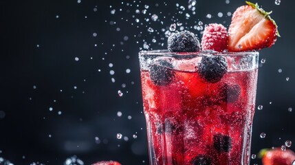 Berry juice in a glass splattered against a dark backdrop
