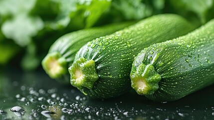 Fresh green zucchini with water droplets on a backdrop Vegetable composition