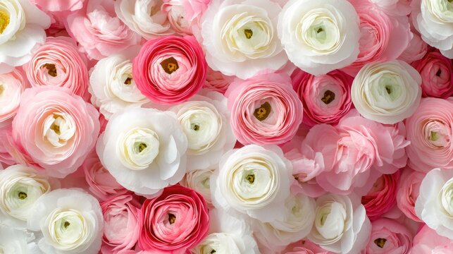 Close up view of fresh pink and white ranunculus flowers creating a beautiful background