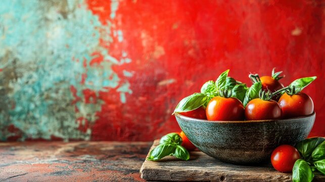 Fresh tomatoes in a bowl on a rustic table surrounded by vibrant red backgrounds healthy vegetables and ripe basil leaves on a weathered board