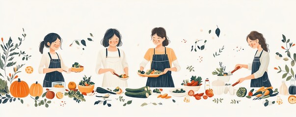 Family home cooking for Thanksgiving, chopping vegetables and preparing ingredients, warm earthy tones, handdrawn style, isolated on white background