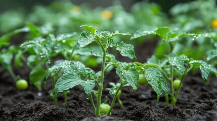 Tomato plants in the soil adorned with raindrops showcasing agricultural themes