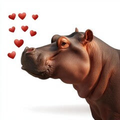 Naklejka premium Hippo blowing a kiss with tiny hearts floating around white background