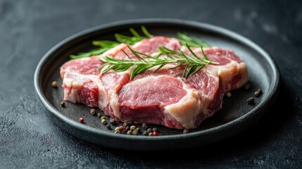 Fototapeta premium Raw meat on a plate showcasing veal tenderloin Represents a predatory diet with a focus on zero carbohydrates and the ketogenic diet concept