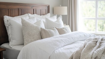 Fototapeta premium Inviting bedroom featuring fresh white bedding and decorative pillows offering a tranquil space ideal for relaxation