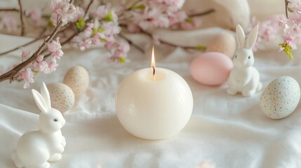 Single white bubble candle placed on a white tablecloth accompanied by decorative Easter bunny figurines