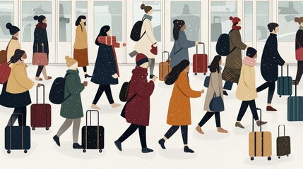 Cute Cartoon Illustration Of People Traveling In Winter