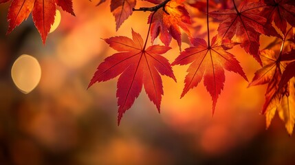 A closeup view of a branch adorned with vibrant maple leaves, showcasing their stunning red and golden colors as autumn sets in, creating a warm ambiance