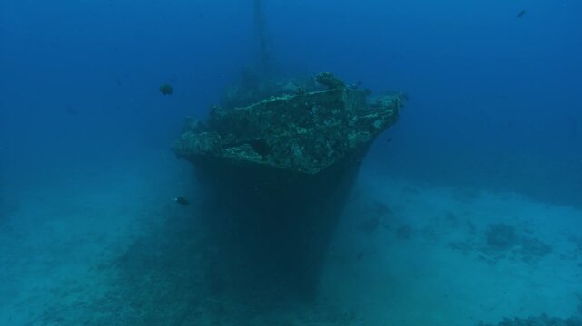 Frontal view of the Stella Maru wreck, a prominent diving site in Mauritius&rsquo; Indian Ocean waters. Check my portfolio for other Stella Maru footage.