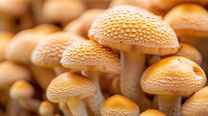 Close up of rich textured golden mushroom growing in a cultivation environment