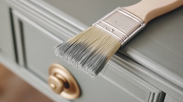 Transforming furniture with grey paint using a brush for a DIY home enhancement project