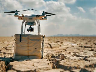 Fototapeta premium Drone Delivering Emergency Water Supplies to Drought Stricken Area Demonstrating Humanitarian Uses of Autonomous Drone Technology