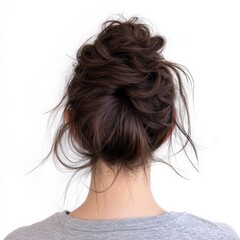 Obraz premium Messy bun with loose strands, long hair gathered, eyelevel back view, realistic texture, isolated on white background