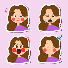 Cartoon-style vector sticker set featuring a girl with various emotional expressions including happy, sad, angry, and sleepy
