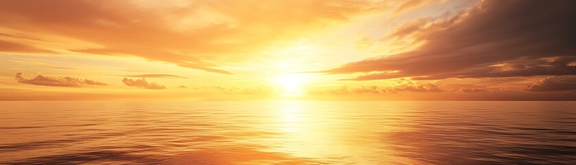 Stunning ocean sunset with vibrant golden hues and dramatic clouds, creating a serene and breathtaking view over calm waters.