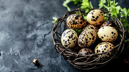 Obraz premium Vibrant quail eggs in a metal basket symbolizing the essence of spring celebrations with ample copy space