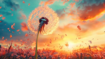 Naklejka premium Vibrant dandelion against a sunset sky swirling in the wind creating a spring inspired panoramic background