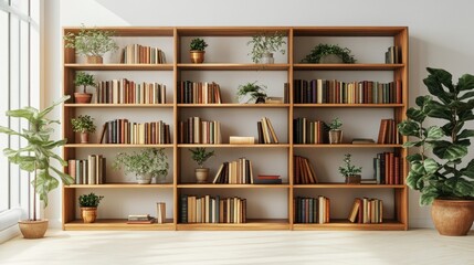 Fototapeta premium Wooden bookshelves filled with books and potted plants, isolated on a white background for a modern, natural decor vibe.