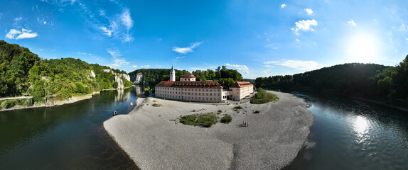 Aerial view of Weltenburg Monastery, Benedictine Abbey, on the Danube, Kelheim, Bavaria, Germany © David Brown