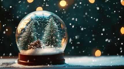 Christmas snow globe featuring snow and pine trees against a dark backdrop