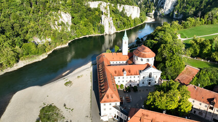 Germany, Bavaria, Kelheim,  Aerial view of Weltenburg Monastery, Benedictine Abbey, on the Danube © David Brown