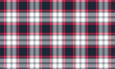 Plaid fabric pattern, navy blue, white, red, seamless for textiles, and for designing clothes, skirts, pants or decorative fabrics. Vector illustration.