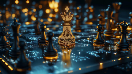 Close up the lighting glow king chess of lighting chess board game with lighting king chess and others. blog chain and the future of competition concept. Generative AI