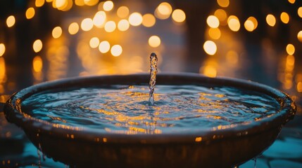 A baptismal font filled with water and surrounded by softly glowing bokeh lights representing the spiritual rituals of Christianity