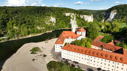 Germany, Bavaria, Kelheim,  Aerial view of Weltenburg Monastery, Benedictine Abbey, on the Danube © David Brown