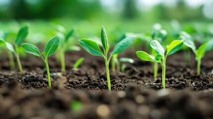 Green seedlings sprout from the soil symbolizing plant growth and the importance of environmental conservation