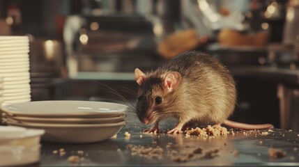 Fat rat consuming crumbs in a cafe kitchen Poor hygiene and unsanitary practices are evident Represents sanitation inspection issues Mouse found in a restaurant s dining area