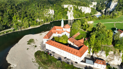 Germany, Bavaria, Kelheim,  Aerial view of Weltenburg Monastery, Benedictine Abbey, on the Danube © David Brown