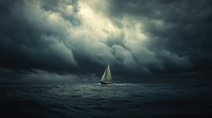 Lonely cutter sailing on the sea beneath a cloudy sky illuminated by the light prior to an approaching storm