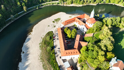 Germany, Bavaria, Kelheim,  Aerial view of Weltenburg Monastery, Benedictine Abbey, on the Danube © David Brown