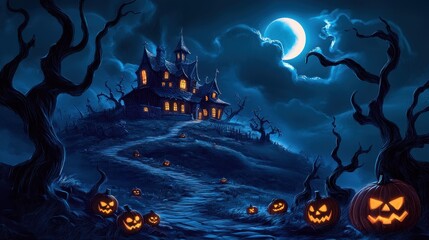 Haunted House on Hilltop: Spooky Full Moon Scene with Jack-o'-lanterns and Twisted Trees