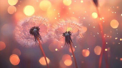 Obraz premium Dandelion seed pods in a whimsical flower setting featuring bokeh lights a serene summer meadow ambiance