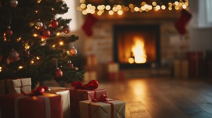 Charming Christmas tree adorned with presents and a fireplace in a softly blurred backdrop Room for text