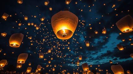Obraz premium Festival of Sky Lanterns with Numerous Illuminated Lanterns Ascending into the Night Sky