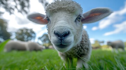 Obraz premium Playful lamb gazing at the camera while munching on fresh grass