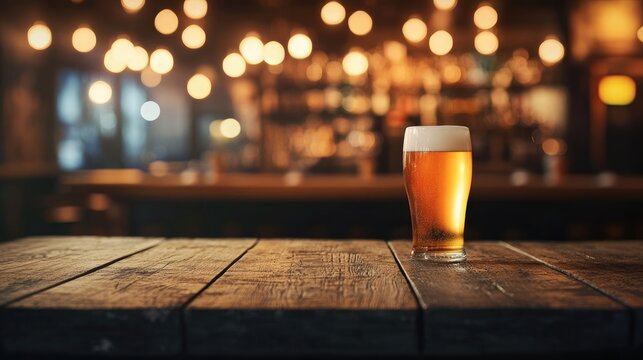 Empty wooden table with a glass of light beer set against a defocused background featuring bokeh lights and a blurred ambiance of a cafe and pub