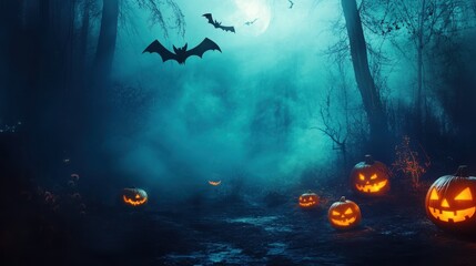 Fototapeta premium Enchanted Halloween Forest at Night with Glowing Pumpkins, Bats, and Eerie Shadows