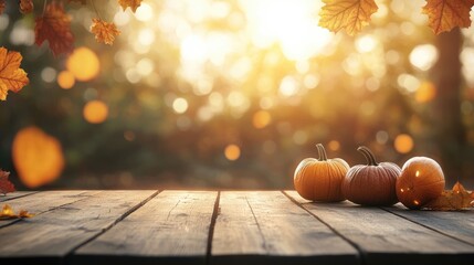 Wooden table with a blurred background featuring a festive theme for thanksgiving