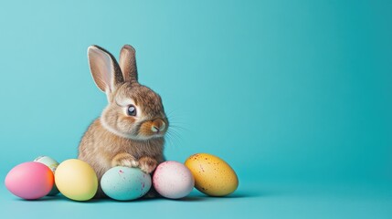 Funny Easter holiday concept featuring a cute little bunny sitting among colorful painted eggs set against a vibrant turquoise background Perfect for greeting cards