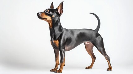 Portrait of a dog against a white background A Dwarf Pinscher is depicted in a standing position