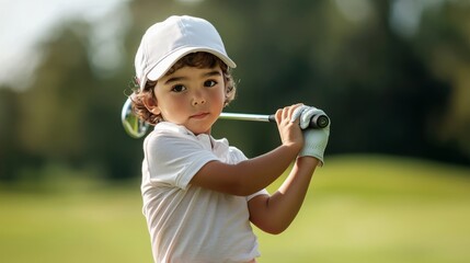 Cute children learning to play golf There is training to have skills that are good enough to compete or be a hobby.