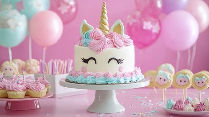 Child s birthday celebration featuring a dessert table with a unicorn themed cake cake pops sugar cookies and festive decorations