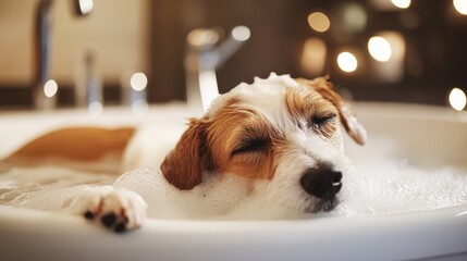 Joyful dog indulging in a lavish spa bath humorous pet grooming experience relaxing in a tub wellness treatment